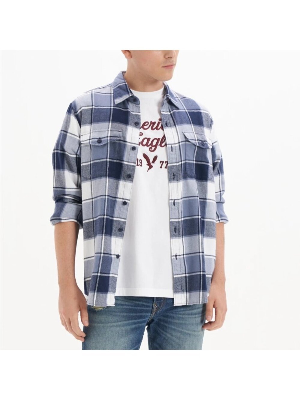Retro American Eagle Mens M Blue & White Plaid Super Soft Flannel Button Shirt